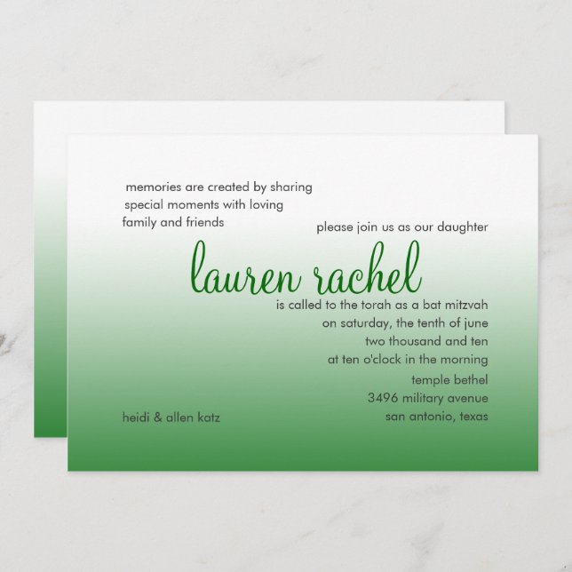 Convite Bat Mitzvah Silver e Gradiente Verde (Frente/Verso)