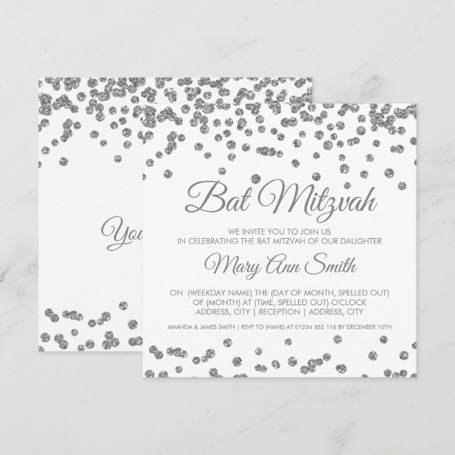 Convite Bat Mitzvah Silver Faux Glitter Confetti Branco (Frente/Verso)