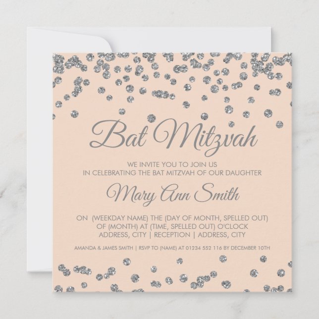 Convite Bat Mitzvah Silver Glitter Confetti Blush Rosa (Frente)