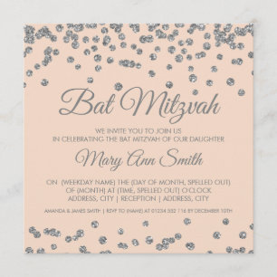 Convite Bat Mitzvah Silver Glitter Confetti Blush Rosa