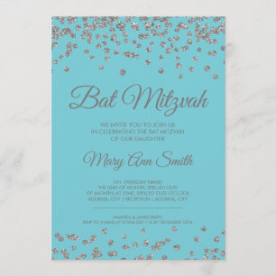 Convite Bat Mitzvah Silver Glitter Confetti Robin Azul Egg