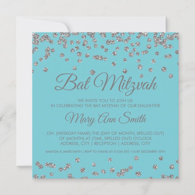 Convite Bat Mitzvah Silver Glitter Confetti Robin Egg Blue (Frente)