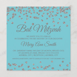 Convite Bat Mitzvah Silver Glitter Confetti Robin Egg Blue