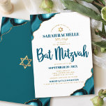 Convite Bat Mitzvah Simple Modern Turquoise Agate Script<br><div class="desc">Tenha orgulho, alegria e mostre este marco do seu Bat Mitzvah favorito! Envie este convite legal, único, moderno, personalizado, com nome hebraico para um evento que se lembre. Tipografia do roteiro azul-escuro e estrela dourada-falsa de David sobrepõe um fundo branco simples e limpo com azul-turquesa acentuado com veias douradas falsas....</div>