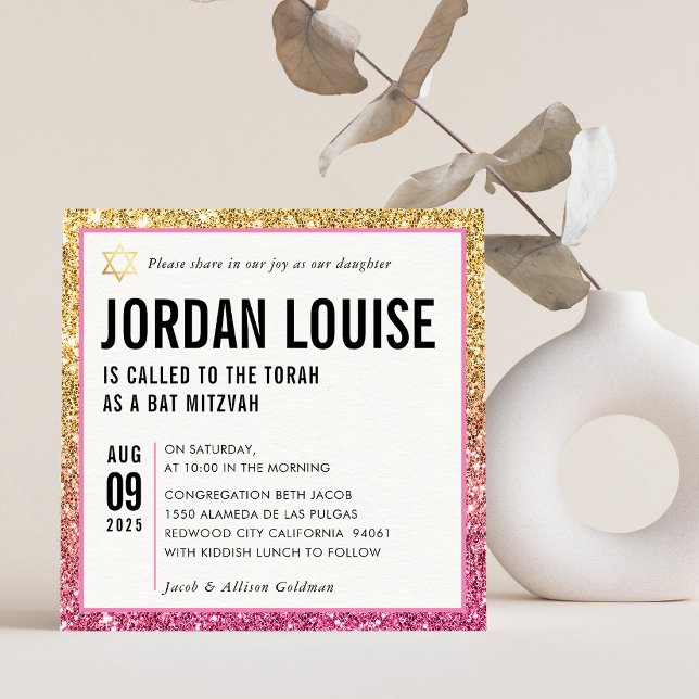 Convite BAT MITZVAH simples brilho de ouro rosa-chic moder (Criador carregado)