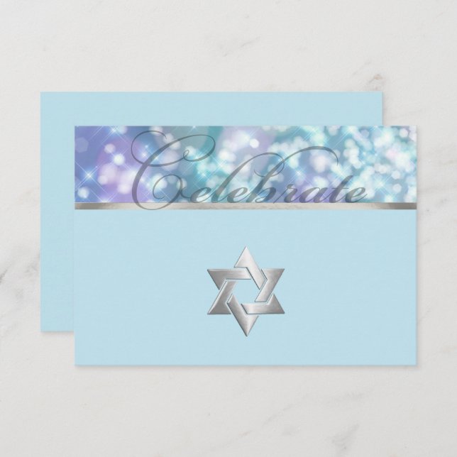 Convite Bat Mitzvah Sparkle Luz Azul e Roxo (Frente/Verso)