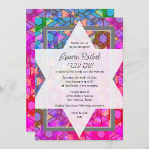 Convite Bat Mitzvah Star: David Blue e Pink Damask