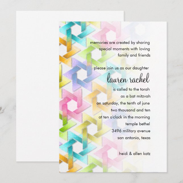 Convite Bat Mitzvah Star de David Damask (Frente/Verso)