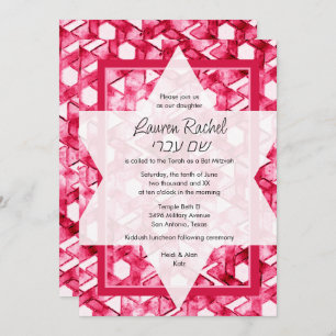 Convite Bat Mitzvah Star de David Pink Damask