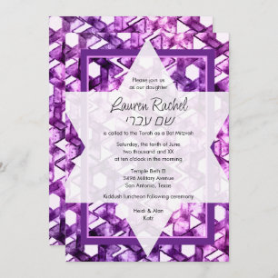 Convite Bat Mitzvah Star de David Purple Damask