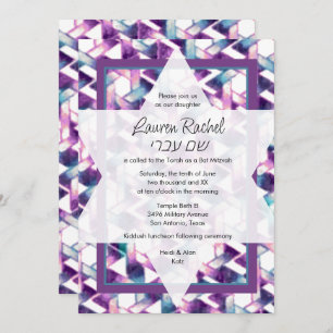 Convite Bat Mitzvah Star de David Purple e Teal Damask