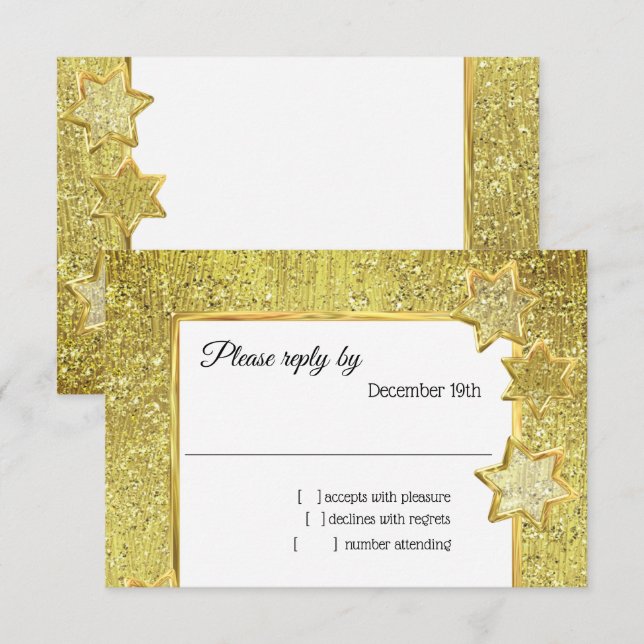 Convite Bat Mitzvah Stars Glitter RSVP Dourado (Frente/Verso)