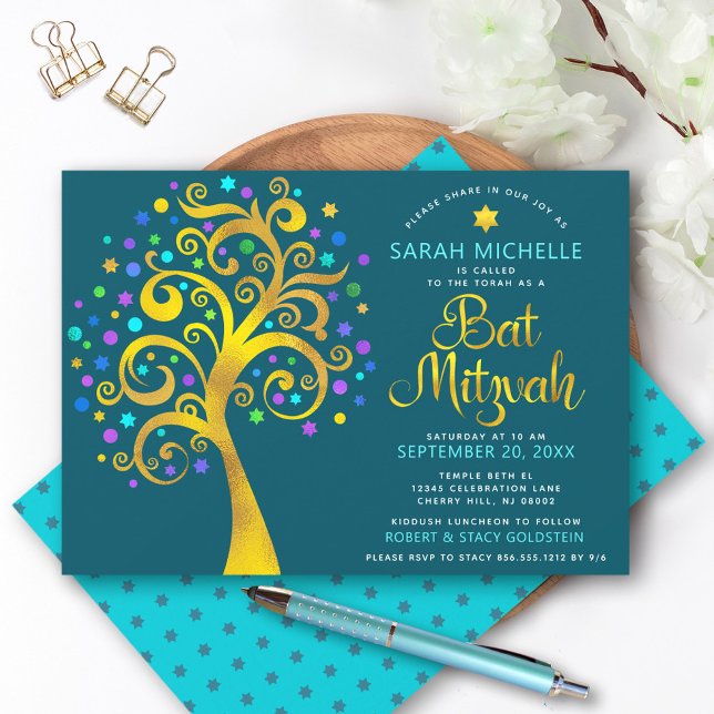 Convite Bat Mitzvah Teal Blue Chic Gold Tree of Life (Criador carregado)