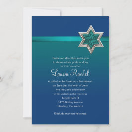 Convite Bat Mitzvah Teal Blue Ribbon e Star