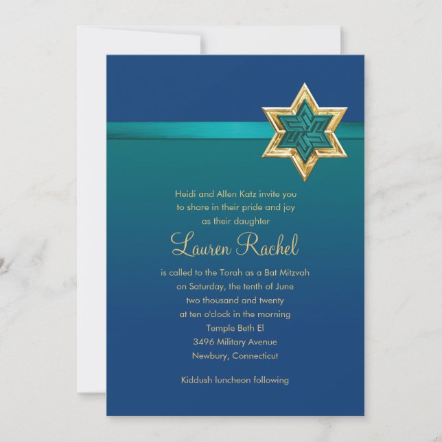 Convite Bat Mitzvah Teal Blue Ribbon e Star (Frente)