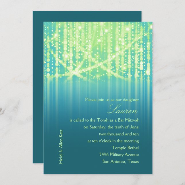 Convite Bat Mitzvah Teal Blue Verde limão Luzes brilhantes (Frente/Verso)