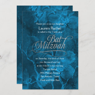 Convite Bat Mitzvah Teal Blue Watercolor Flowers