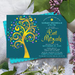 Convite Bat Mitzvah Teal Gold Foil - Árvore Escrita de Fol<br><div class="desc">Tenha orgulho, alegria e mostre este marco do seu Bat Mitzvah favorito! Esta escaravana escura, gráfica, de folha de ouro, com turquesa cintilante, teal, púrpura e azul, Estrela de David e "folhas" de ponto sobre um fundo azul-lacre rico e escuro, é o convite perfeito para esta ocasião especial. Uma pequena,...</div>