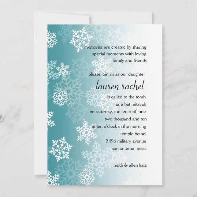 Convite Bat Mitzvah Teal White Snow Flakes (Frente)
