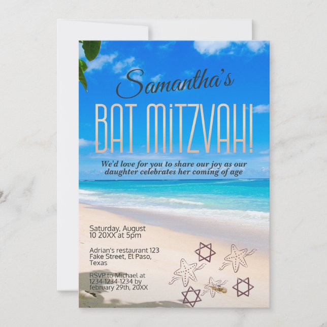 Convite Bat mitzvah: tema Praia, QR (Frente)