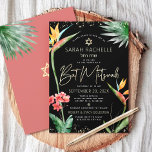 Convite Bat Mitzvah Tropical Black Dourada Aquarela<br><div class="desc">Tenha orgulho, alegria e mostre este marco do seu Bat Mitzvah favorito com este sofisticado e personalizado convite! Na moda, atordoante, colorida, aves aquáticas tropicais de flores paraíso, falso roteiro dourado manuscrito, Estrela de David e pontos brilhantes, juntamente com o moderno tipo sans serif, sobrepõem um fundo preto e dramático....</div>