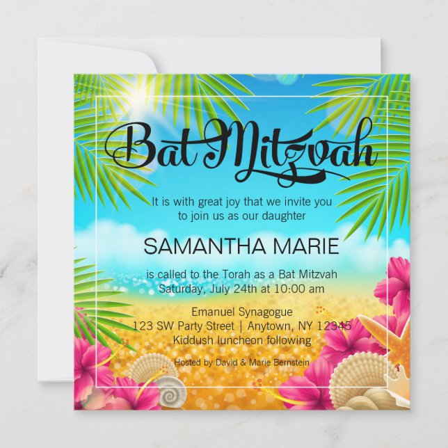 Convite Bat Mitzvah Tropical de Praia com Hibisco Rosa (Frente)