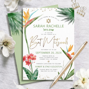 Convite Bat Mitzvah Tropical Dourado Script Flora Aquarela