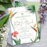 Convite Bat Mitzvah Tropical Floral Watercolor Script Dour<br><div class="desc">Tenha orgulho, alegria e mostre este marco do seu Bat Mitzvah favorito com este sofisticado e personalizado convite! Na moda, atordoante, colorida, aves aquáticas tropicais de flores do paraíso, escrita falsa em ouro manuscrita, Estrela de David e pontos brilhantes, juntamente com serifa verde e cinza moderna de sans, sobrepõem um...</div>