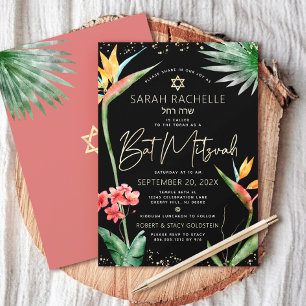 Convite Bat Mitzvah Tropical Preto Dourado Floral Aquarela