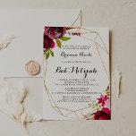 Convite Bat Mitzvah, Turco Dourado Geométrico<br><div class="desc">Este convite de burgundy bat mitzvah,  que é um pincel de ouro geométrico,  é perfeito para um simples bat mitzvah. O design apresenta flores cor-de-água,  cor-de-rosa,  esbranquiçadas,  vermelhas,  arrojadas e bordo,  com folhagem verde,  enfeitando uma moldura geométrica dourada.</div>