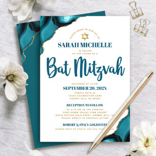 Convite Bat Mitzvah Turquesa Ágata Script 2 Local Moderno
