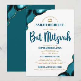 Convite Bat Mitzvah Turquesa Ágata Script 2 Local Moderno