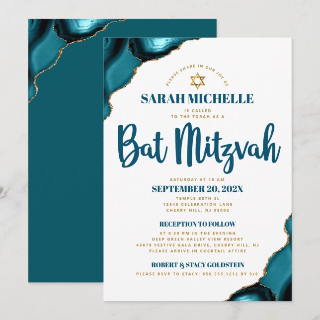 Convite Bat Mitzvah Turquesa Ágata Script 2 Local Moderno (Frente/Verso)