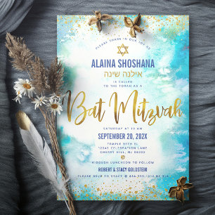 Convite Bat Mitzvah turquesa aquarela folha de ouro script