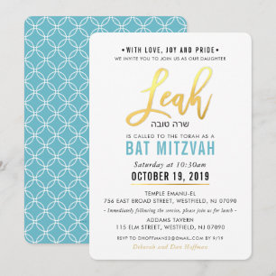 Convite BAT MITZVAH turquesa de ouro azul LEAH