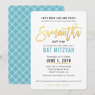 Convite BAT MITZVAH turquesa de ouro azul SAMANTHA