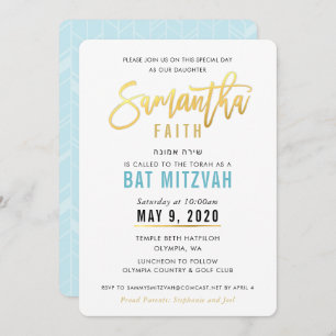 Convite BAT MITZVAH - turquesa, dourado azul SAMANTHA