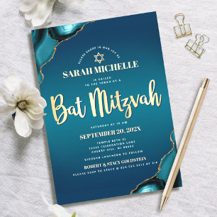 Convite Bat Mitzvah Turquesa Ombre Ágata Dourado Script Ch