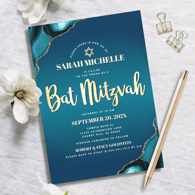 Convite Bat Mitzvah Turquesa Ombre Ágata Dourado Script Ch (Criador carregado)