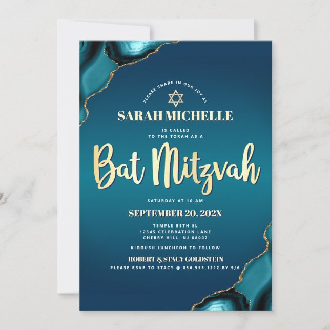 Convite Bat Mitzvah Turquesa Ombre Ágata Dourado Script Ch (Frente)
