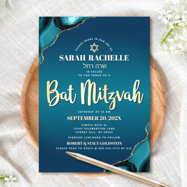 Convite Bat Mitzvah Turquesa Ombre Ágata Dourado Script Ne (Criador carregado)