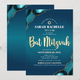 Convite Bat Mitzvah Turquesa Ombre Ágata Dourado Script Ne