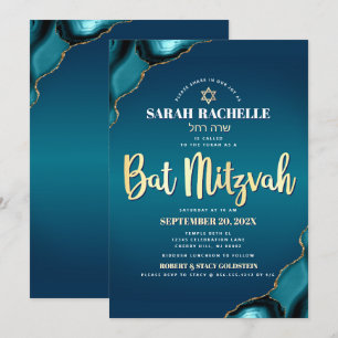 Convite Bat Mitzvah Turquesa Ombre Ágata Dourado Script Ne