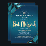 Convite Bat Mitzvah Turquoise Agate Dourado Script Bold<br><div class="desc">Tenha orgulho, alegria e mostre este marco do seu Bat Mitzvah favorito! Envie este convite legal, único, moderno, personalizado, com nome hebraico para um evento que se lembre. Tipografia de folha de ouro falsa, tipografia de sans serif branca, e uma estrela de ouro falsa de David sobrepõem um fundo azul-azul-turquesa...</div>