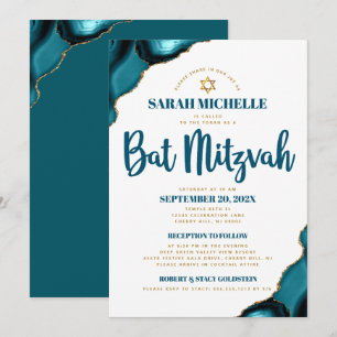 Convite Bat Mitzvah Turquoise Agate Script 2 Venue Modern