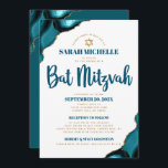 Convite Bat Mitzvah Turquoise Agate Script 2 Venue Modern<br><div class="desc">Tenha orgulho, alegria e mostre este marco do seu Bat Mitzvah favorito! Enviar este convite legal, único, moderno e personalizado para um evento que se lembre. Tipografia do roteiro azul-escuro e estrela dourada-falsa de David sobrepõe um fundo branco simples e limpo com azul-turquesa acentuado com veias douradas falsas. Personalize o...</div>