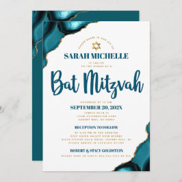 Convite Bat Mitzvah Turquoise Agate Script 2 Venue Modern