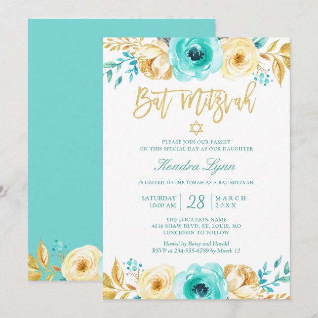 Convite Bat Mitzvah | Turquoise Mint Floral Dourado (Frente/Verso)