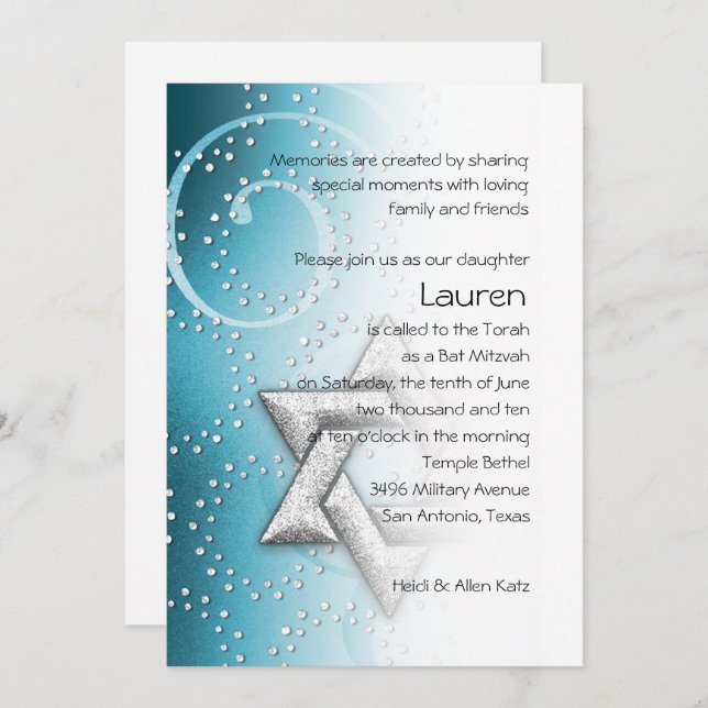 Convite Bat Mitzvah Turquoise Shimmer Star de David (Frente/Verso)