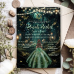 Convite Bat Mitzvah, um vestido verde da Floresta Encantad<br><div class="desc">Personalize este encantador convite do Bat Mitzvah com facilidade e rapidez. Basta clicar no botão Editar usando ferramentas de Design para editar ainda mais o texto, alterar estilos de fonte e cores de fonte. Apresentando uma garota vestida com um vestido verde esmeralda e um fundo florestal encantado. As borboletas, raparigas...</div>